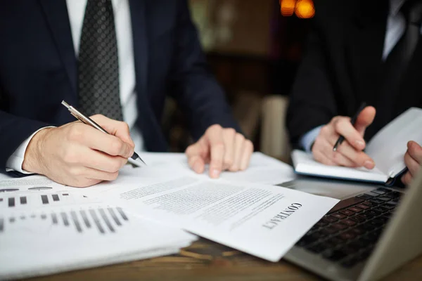 Closeup Portrait Two Unrecognizable Business People Wearing Black Formal Suits — Stock Photo, Image