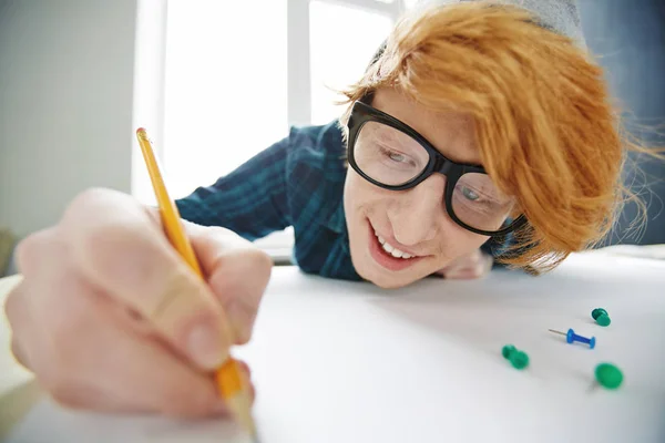 Portrait Young Creative Red Haired Man Wearing Beanie Hat Glasses — Stock Photo, Image