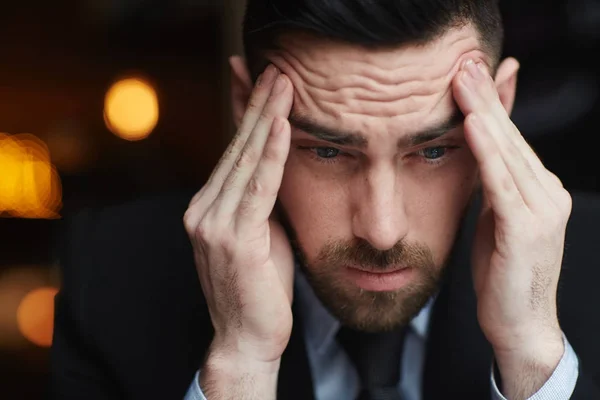 Portrait Frustrated Bearded Businessman Rubbing His Temples Ooking Stressed Troubled — Stock Photo, Image