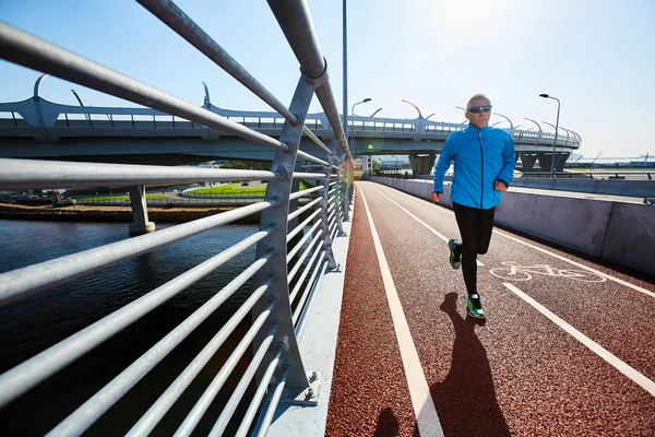 Hard Working Senior Sportsman Running Athletic Track While Preparing Marathon — Stock Photo, Image