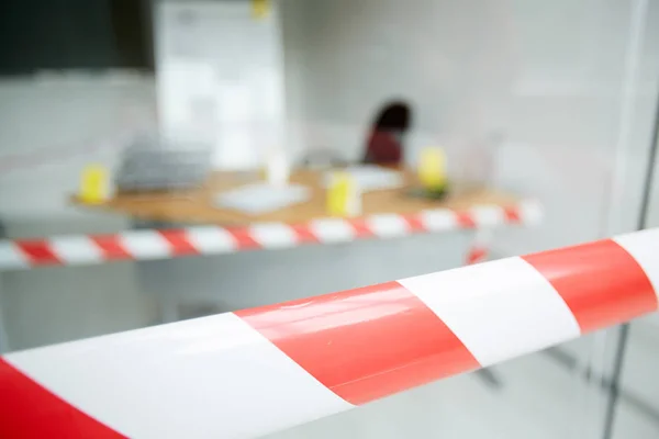 Blurred Shot Crime Scene Striped Crime Scene Tape Interior Modern — Stock Photo, Image