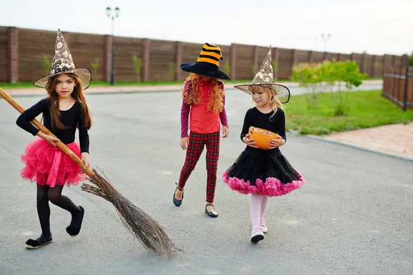 Kleine Heks Met Bezem Haar Vrienden Lopen Weg Halloween Avond — Stockfoto