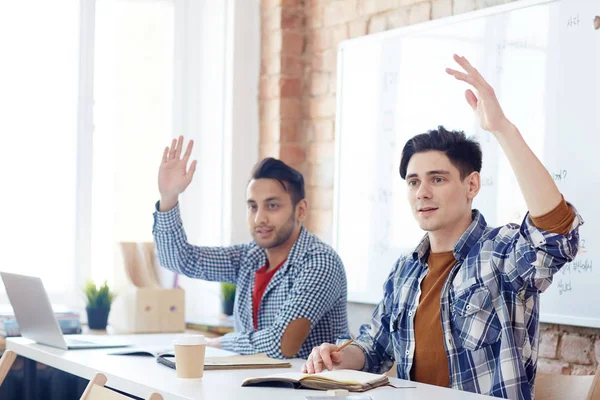 Confident Guys Raised Hands Going Answser Question Teacher Seminar Presentation — Stock Fotó