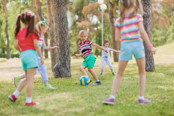 小さな子供が暖かい夏の日に公園で緑の芝生でサッカー — ストック写真