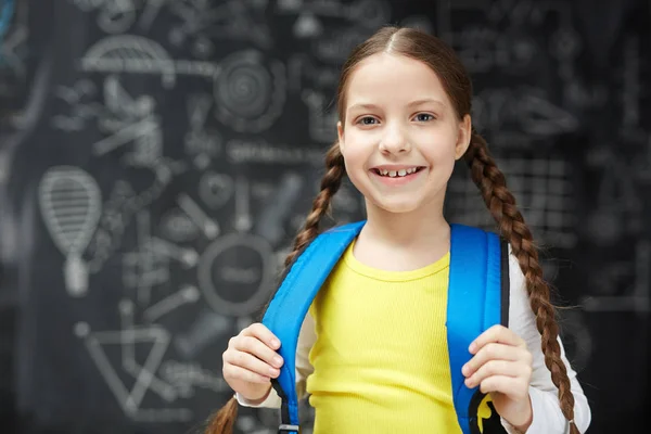 Retrato Menina Feliz Com Duas Tranças Posando Contra Quadro Negro — Fotografia de Stock