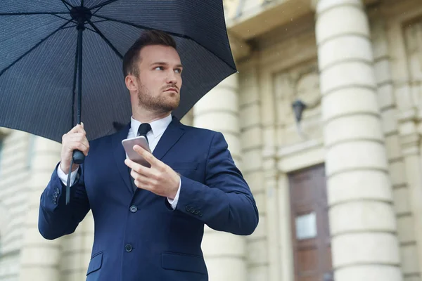 Business Leader Smartphone Waiting Somebody Umbrella Rainy Day — Stock Photo, Image