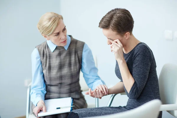 Portrait Young Woman Crying Opening Mental Problems Mentor Comforting Her — Stock Photo, Image