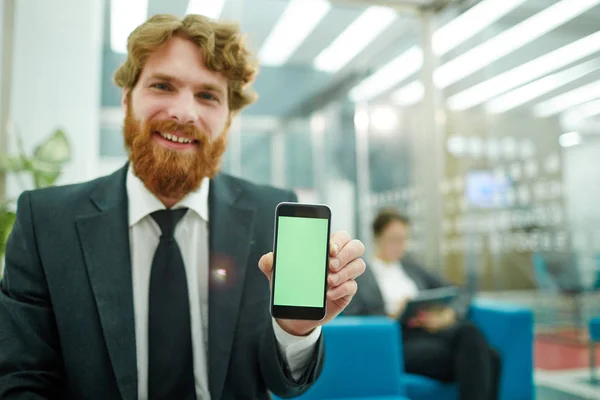 緑色の画面と笑顔のスマート フォンを提示のオフィスでハンサムなひげを生やした実業家表示携帯アプリの肖像画 — ストック写真