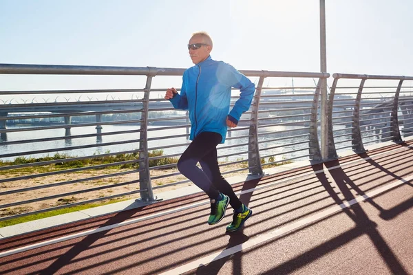 Healthy Elderly Man Sportswear Running Athletic Track While Preparing Marathon — Stock Photo, Image