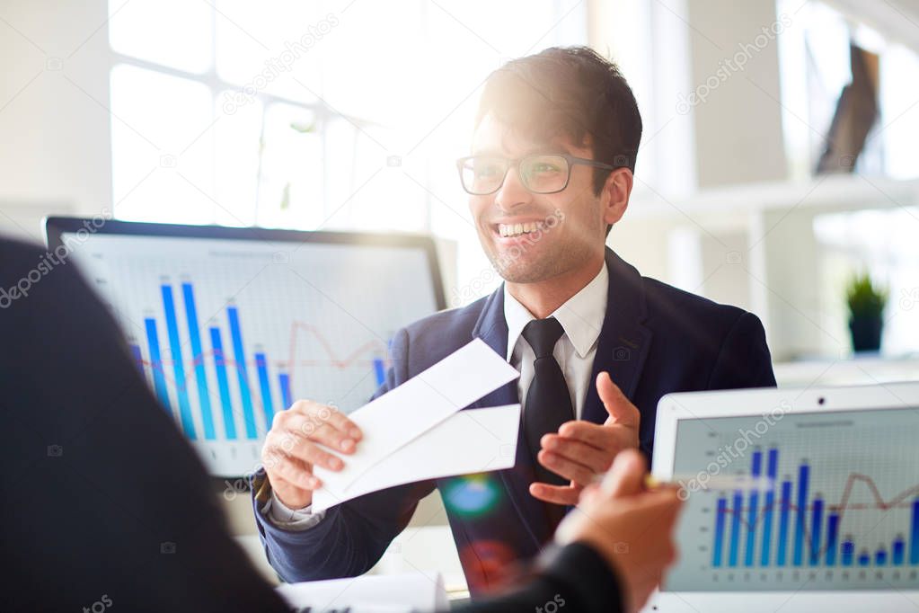 Happy office worker inviting his colleague to curious event or place after work