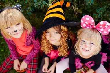 Little girls in costumes of cat, mouse and witch looking at camera clipart