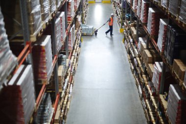 Depo işçisi Paketli kutuları ile uzun boylu raflar ve ürünler arasında hareketli sepeti çekerek yan görünüm