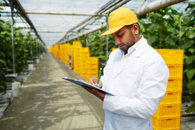 Kağıt üzerinde notlar yapma whitecoat ve sarı beyzbol şapkası serada çalışan