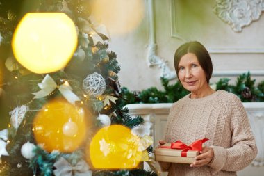 Kazaklı paketiyle tutan olgun erkek mevcut ayakta xmas ağacı tarafından