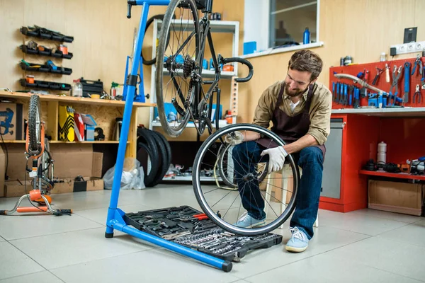 Reparaturspezialist Hält Fahrradrad Bei Kontrolle Über Werkzeugkasten — Stockfoto