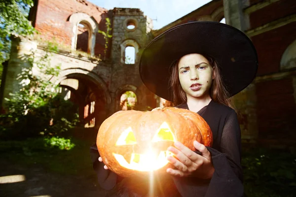 Cadılar Bayramı Küçük Kız Siyah Şapka Jack Fener Tutarak Büyücü — Stok fotoğraf