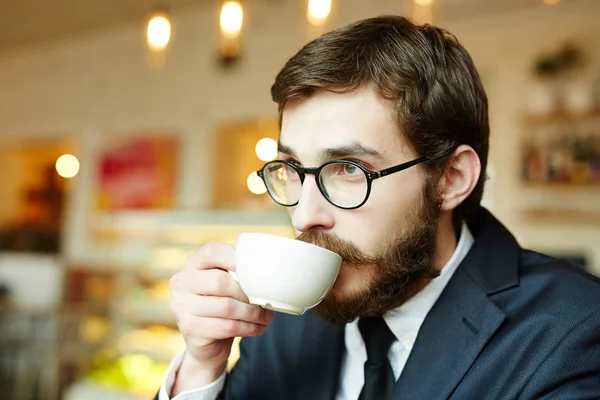 Young Man Formalwear Eyeglasses Drinking Tea Coffee White Porcelain Cup — Stock Photo, Image