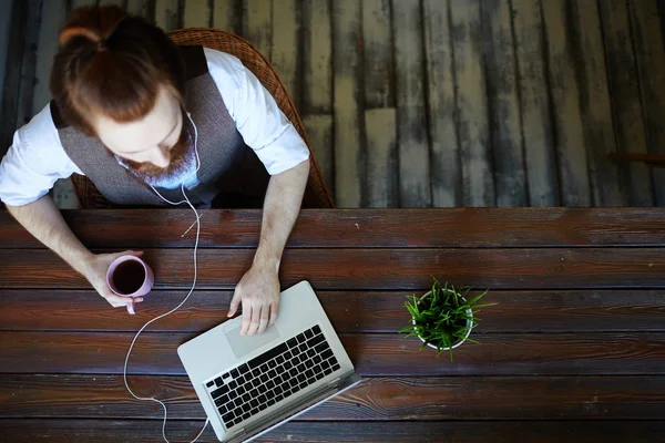 Joven Diseñador Web Creativo Que Busca Datos Sobre Las Tendencias —  Fotos de Stock