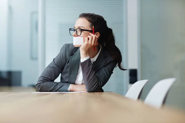 Pensive Businesswoman Cellotaped Mouth Thinking Ideas Desk — Stock Photo, Image