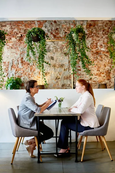 Sidovy Arbetsgivaren Med Dokument Och Ung Sökanden Söker Jobb Café — Stockfoto