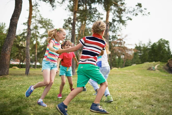 在温暖的夏日 在公共公园里手拉手手拉手跳舞的一群快乐的孩子 — 图库照片