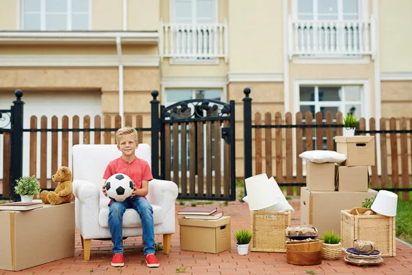 Little Boy Looking Camera While Sitting Chair New Cottage — Stock Photo, Image