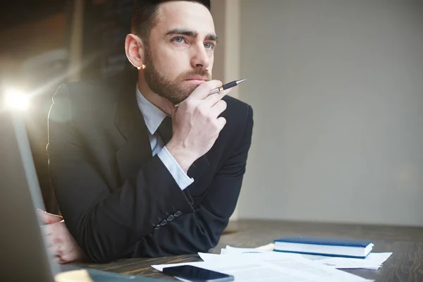 Portrait Modern Successful Businessman Wearing Black Formal Suit Working Office — Stock Photo, Image