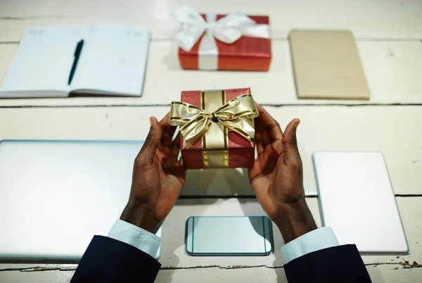 Hands African American Businessman Holding Gift Box Workplace — Stock Photo, Image