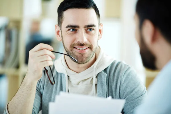Portrait Handsome Middle Aged Man Smiling Listening Partner Meeting While — Stock Photo, Image