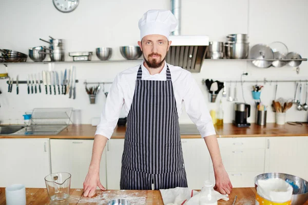 Pastry Chef Uniform Standing His Workplace — Stock Photo, Image
