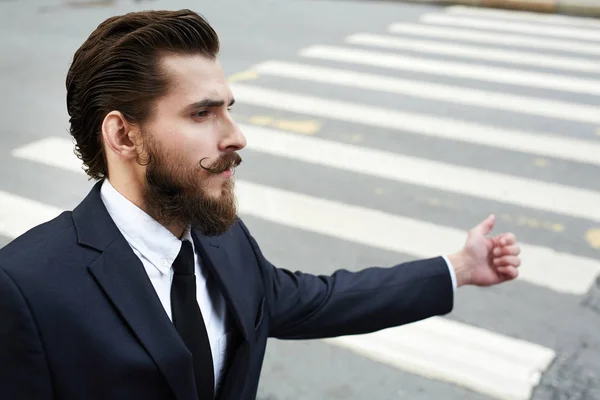 Elegant Man Beard Moustache Catching Taxi Road — Stock Photo, Image