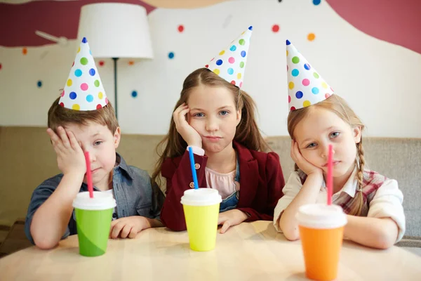 Bored Buddies Birthday Caps Sitting Cafe — Stock Photo, Image