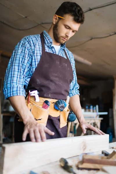 Concentrated Young Craftsman Wearing Tool Belt Apron Examining Plank Wood — Stock Photo, Image