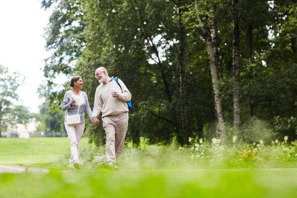 Elderly hikers with drinks walking along country road and talking