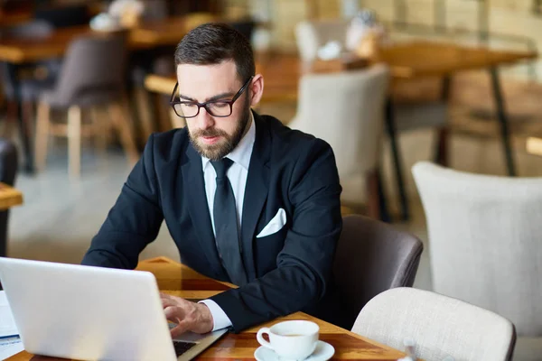 Waist Portrait Confident Financial Manager Preparing Annual Accounts Help Laptop — Stock Photo, Image