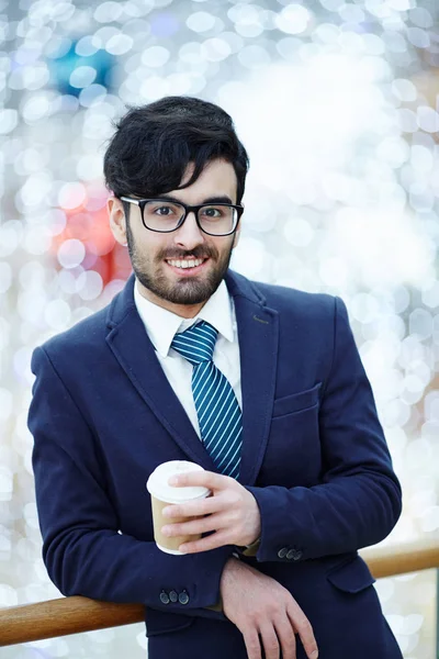 Middle Eastern Man Wearing Glasses Elegant Formal Sui Holding Coffee — Stock Photo, Image