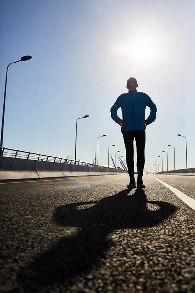 Full Length Portrait Sporty Senior Man Arms Hips Posing Photography — Stock Photo, Image