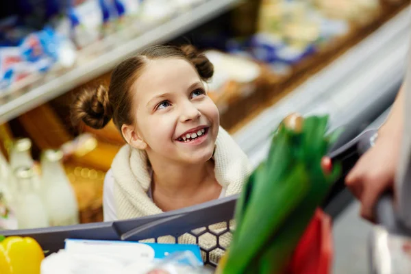 Portrait Cute Little Girl Looking Her Parents Shopping Cart While — Stock Photo, Image