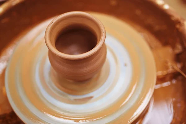 Unfinished Jug Rotating Pottery Wheel Workshop Craftsman — Stock Photo, Image