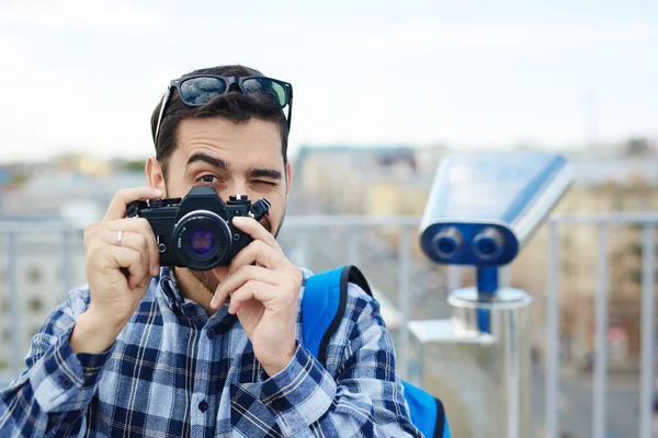 Portrait Handsome Young Man Taking Picture Vintage Photo Camera While — Stock Photo, Image