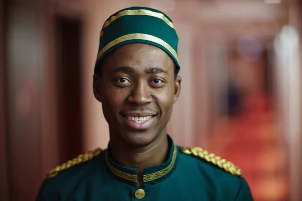 Happy Young Hotel Porter Uniform Looking Camera — Stock Photo, Image