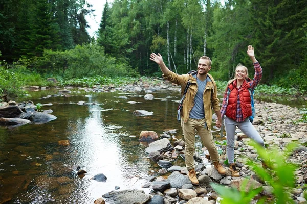 Χαρούμενα Πεζοπόρους Κουνώντας Χέρια Ενώ Στέκεται Πάνω Πέτρες Από Δάσος — Φωτογραφία Αρχείου