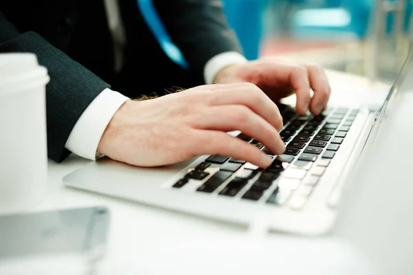 Hands Stock Trader Typing Laptop Workplace — Stock Photo, Image
