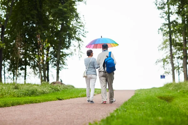 Leeftijd Gepensioneerde Paar Lopend Onderaan Landweg Onder Regenboog Gekleurde Paraplu — Stockfoto