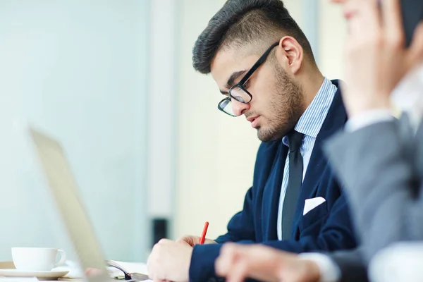 Busy Young Man Formalwear Making Notes Colleague — Stock Photo, Image