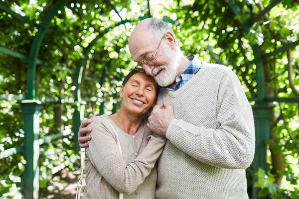 Amorous Mature Couple Standing Embrace Tree Alley Summer Day — Stock Photo, Image