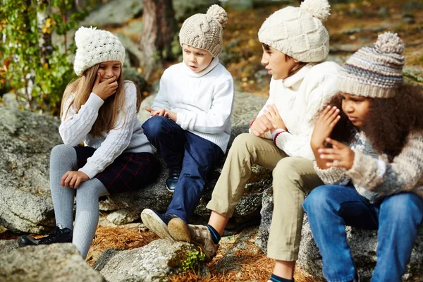 川沿いの岩の上に座ってと日当たりの良い秋の日 すべての身に着けている似たようなニットの服で話している子供のグループ — ストック写真