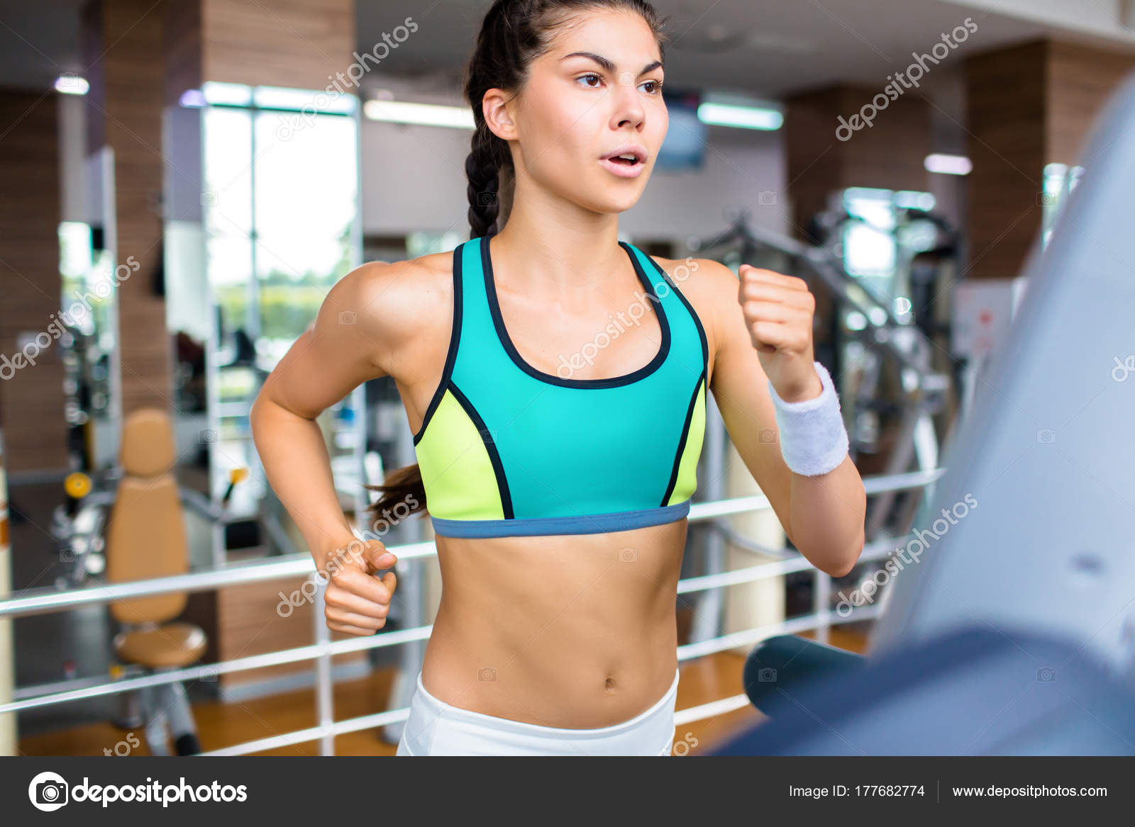 Modern Girl Running Treadmill Workout Gym — Stock Photo