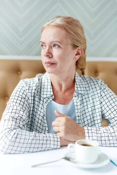 Calm Aged Woman Having Cup Tea Coffee Cozy Cafe Leisure — Stock Photo, Image