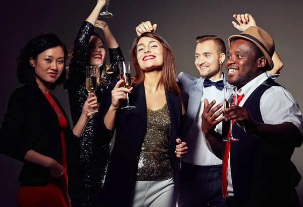 Multi Ethnic Group Smiling Friends Evening Wear Posing Photography While — Stock Photo, Image